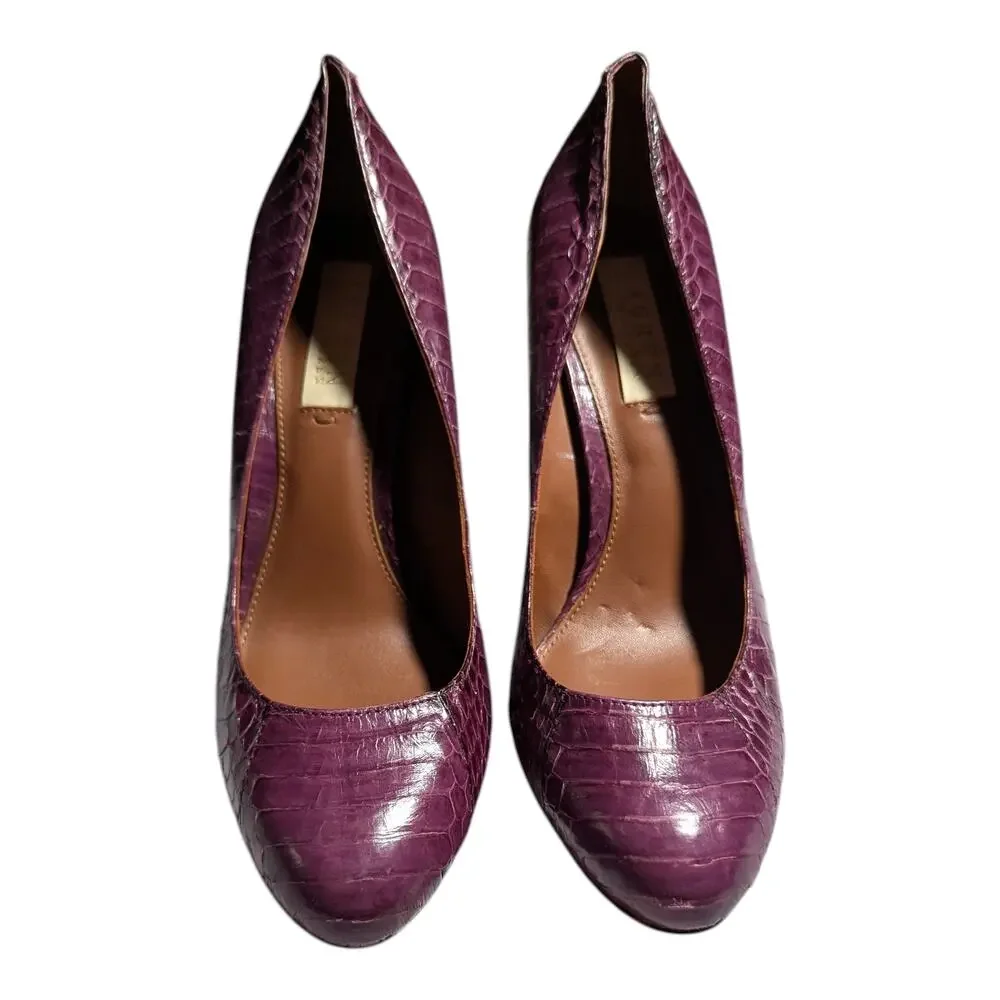Lauren Ralph Lauren Viona Purple Croc Embossed Leather Block Heel Pumps Sz 6.5